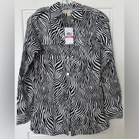 Michael Kors Womens Zebra Print Tunic Top XS Black Button Down Linen Blend NWT - Picture 1 of 14